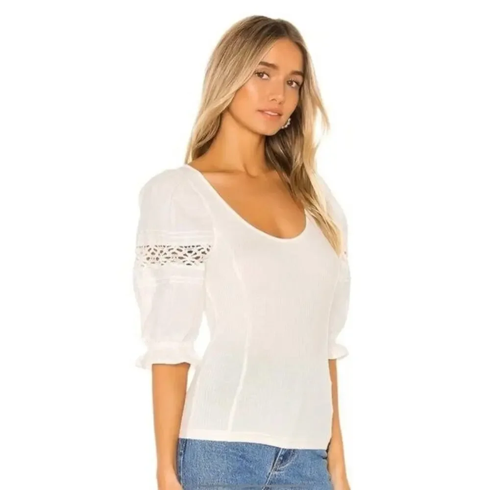 Free People Something Special Tee Size S Ivory Stretch Floral Lace Puff Sleeve